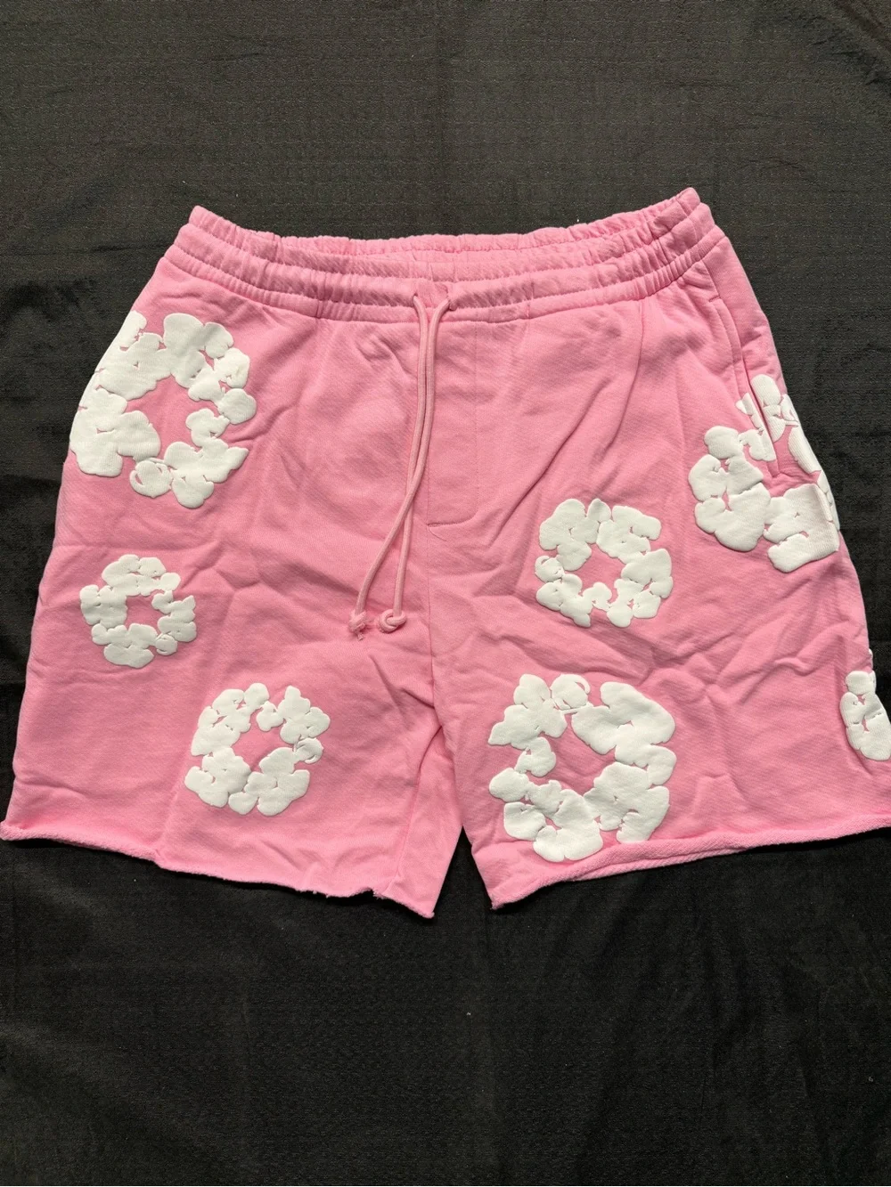 Men's Athletic Drawstring Shorts in Pink with White Floral Appliqué